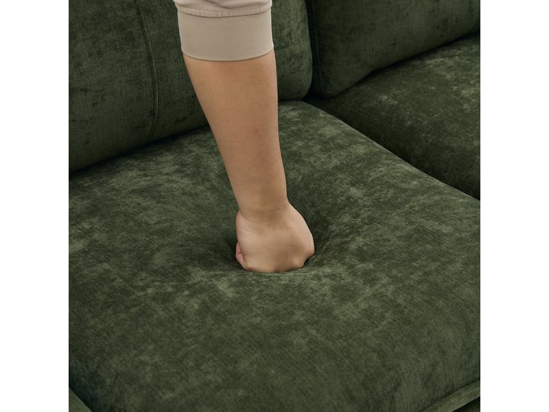 Canapé d’angle modulable 3 places 201x77x86 cm vert en chenille, pouf coffre réversible, pieds bois et poches latérales pour salon - Conforama E