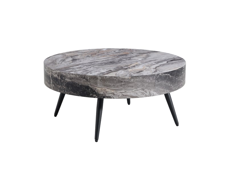 Table basse ronde ø 70 cm, mdf effet marbre gris, pieds en métal noir, design minimaliste - Conforama E
