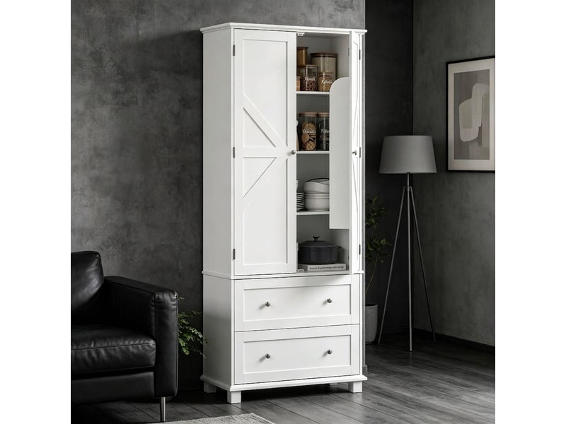  Buffet de cuisine blanc 80x39,5x184,5 cm avec 2 portes et 2 tiroirs  - Conforama B