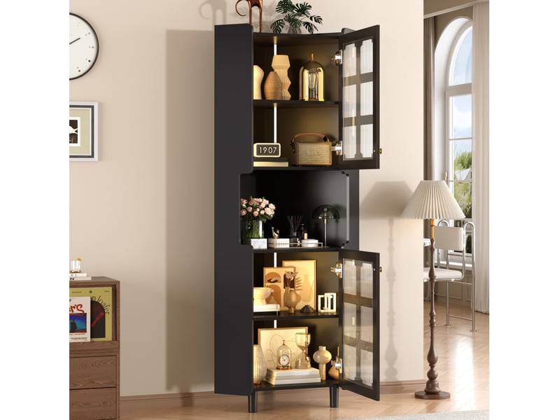  Meuble d'angle vitrine 63,5x157,5 cm, led, espace de rangement, bibliothèque, gain de place, pour salon, en mdf, noir  - Conforama E