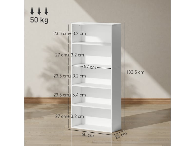  Bibliothèque à 5 niveaux avec 3 étagères modulables, en bois, 60 x 24 x 133,5 cm, blanche  - Conforama E