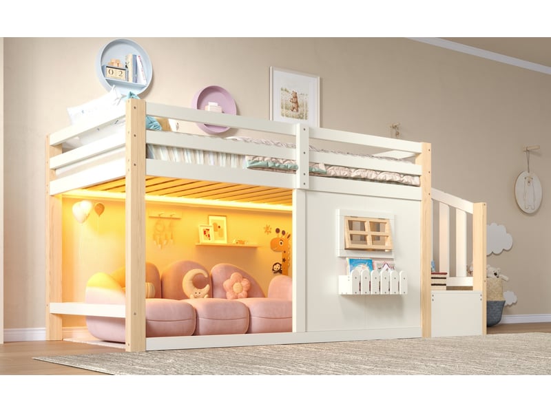  Lit mezzanine 90x200 cm, escalier avec rangements et led, en bois, naturel et blanc, sans matelas  - Conforama D