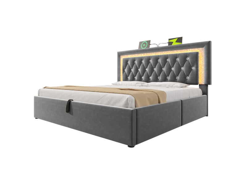  Lit coffre, lit double 160x200 cm, rangement hydraulique, led, usbusb-c, sommier à lattes, matelas inclus, velours gris  - Conforama W