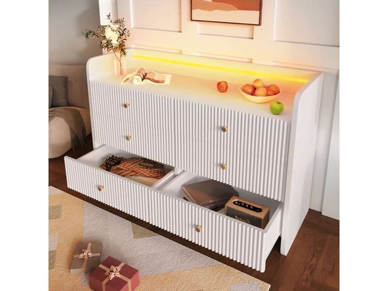 Buffet blanc 120 × 40 × 75 cm, 6 tiroirs rainurés et éclairage led IKSETERA TRADING LTD - Conforama D