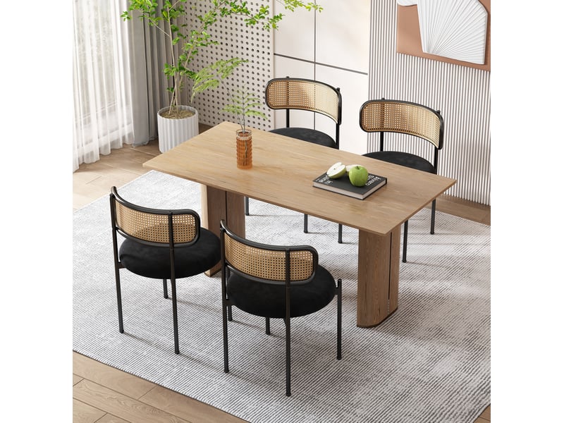  Chaise de salle à manger 6 pièces, dossier en rotin, velours noir  - Conforama D
