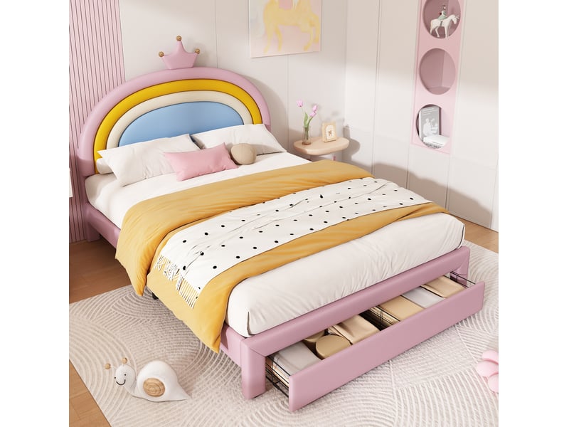 Lit enfant rembourré 140x200 cm avec tiroir et tête de lit réglable, rose, sans matelas - Conforama W