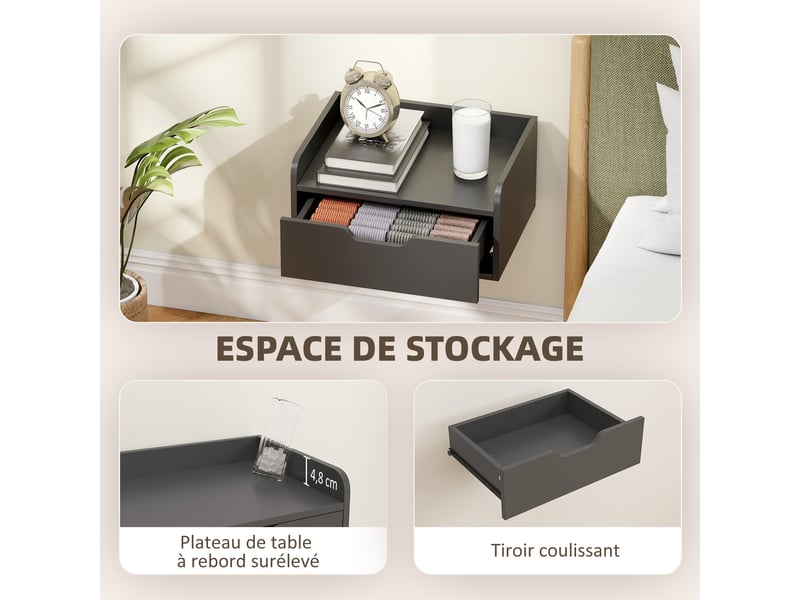  Lot de 2 tables de chevet murales tables de nuit suspendues tiroir plateau aspect bois dim. 40l x 30l x 19,5h cm  - Conforama R