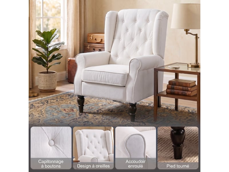  Fauteuil de salon, fauteuil d'appoint mi-siècle moderne en flanelle neige avec haut dossier capitonné à oreilles, crème  - Conforama D
