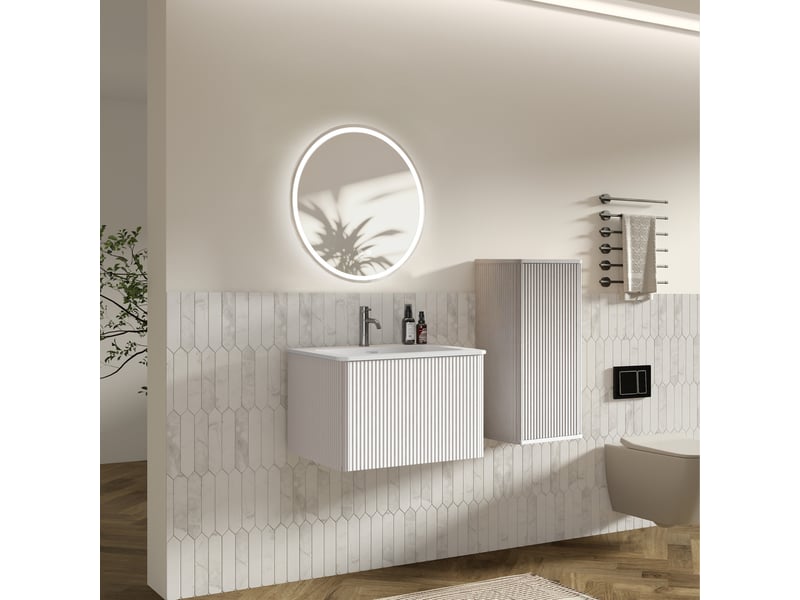 Meuble sous vasque avec vasque et miroir rond led antibuée avec colonne suspendue pour salle de bain moderne blanc - Conforama D