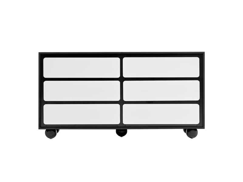  Commode 6 tiroirs 140x38x74,5 cm bords arrondis sécurité familiale pieds métal robustes panneau de particules blanc+noir  - Conforama A