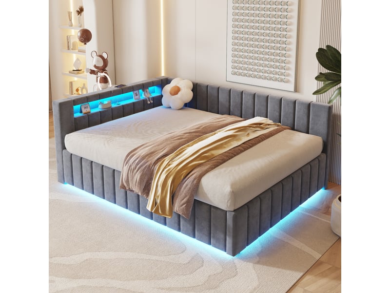 Lit capitonné 140x200 cm gris en velours, led, usb, dossier et coffre hydraulique - Conforama E