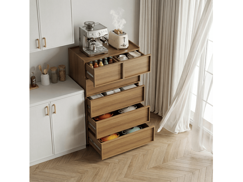  Commode 6 tiroirs 80 x 48 x 127,5 cm coloris chêne avec glissières métalliques  - Conforama E