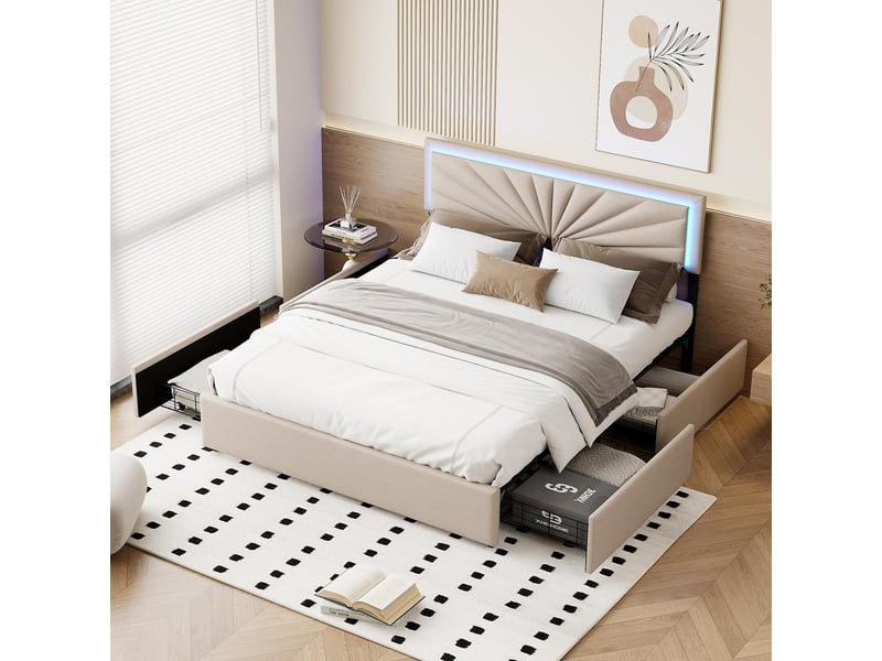  Lit 160x200cm - lit double 160x200 - lit rembourré avec 4 tiroirs, éclairage led tête de lit - tissu en lin beige  - Conforama C