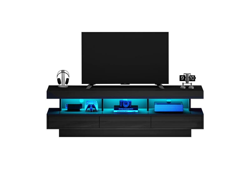  Meuble tv avec 3 étagères en verre et éclairage led par application mobile pour salon, 160×38×50,5 cm noir brillant  - Conforama A