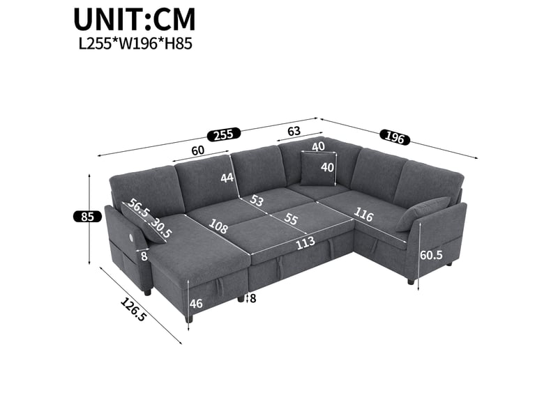  Canapé d'angle convertible tcqpz 6 places 255 x 196 x 85 cm rangement usb type-c gris  - Conforama C