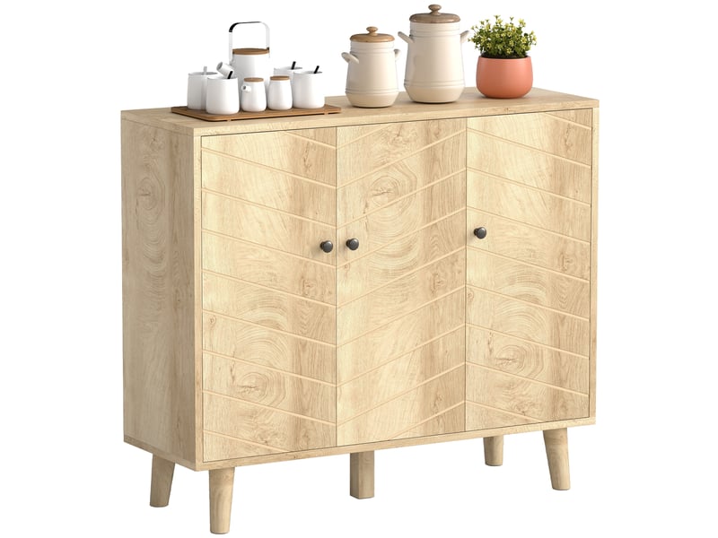  Buffet cuisine, meuble de rangement avec 3 portes à motif chevron et pieds en bois de pin, 88,3x30x76cm, bois naturel  - Conforama A