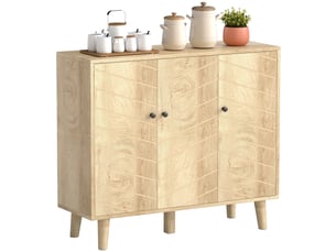 Buffet cuisine, meuble de rangement avec 3 portes à motif chevron et pieds en bois de pin, 88,3x30x76cm, bois naturel