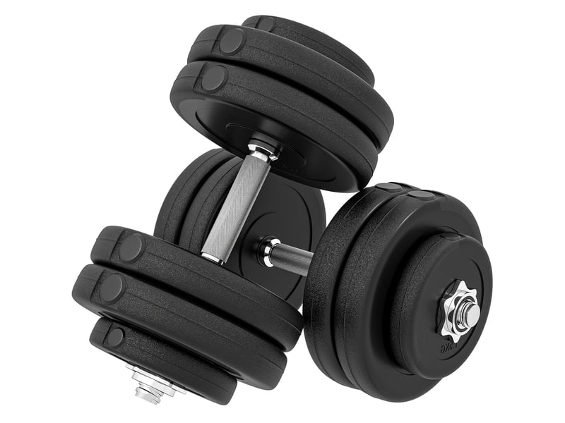 Ensemble de 12 haltères de musculation de 50 kg (8 x 5 kg, 4 x 1,5 kg), en acier et plastique pe, noires - Conforama B