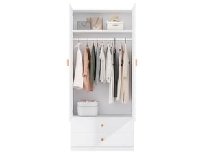 Armoire blanche 2 portes avec 2 tiroirs et penderie chambre, poignées bois massif, 90x45x200 cm