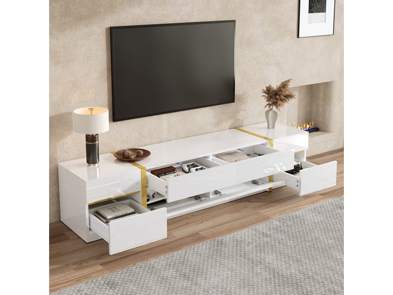  Meuble tv 180x40x38 cm en mdf et panneaux de particules avec tiroirs et portes blanc chicfurn  - Conforama D