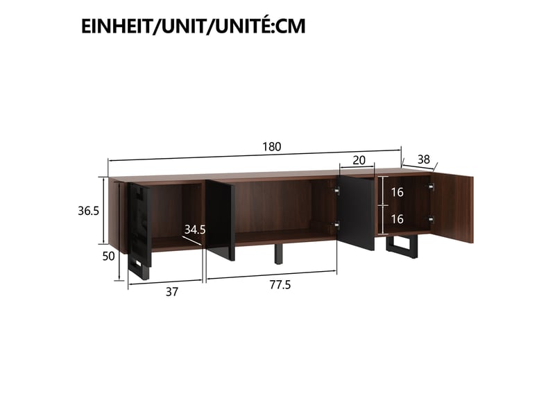  Meuble tv 180x38x50 cm design minimaliste avec portes laquées noir et motif bois chaleureux, mdf, noir et naturel  - Conforama C