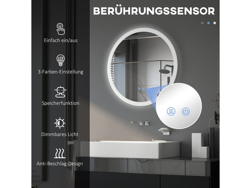  Miroir de salle de bain lumineux rond ø70 cm, miroir mural anti-buée avec 3 couleurs led, idéal pour miroir de salle de bain moderne.  - Conforama C
