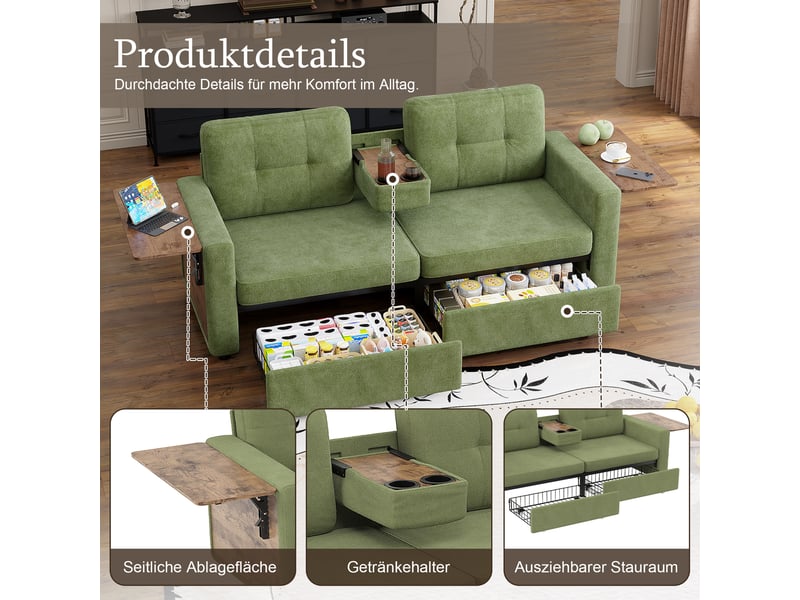 Canapé 2 places avec 2 compartiments de rangement et assise réglable, table ordinateur escamotable et porte-gobelets, tissu chenille vert - Conforama D