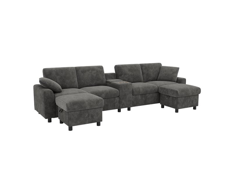 Canapé u lora gris en velours côtelé avec 2 poufs coffre, table, usb, prises et ports type-c - Conforama B