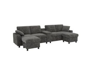Canapé u lora gris en velours côtelé avec 2 poufs coffre, table, usb, prises et ports type-c