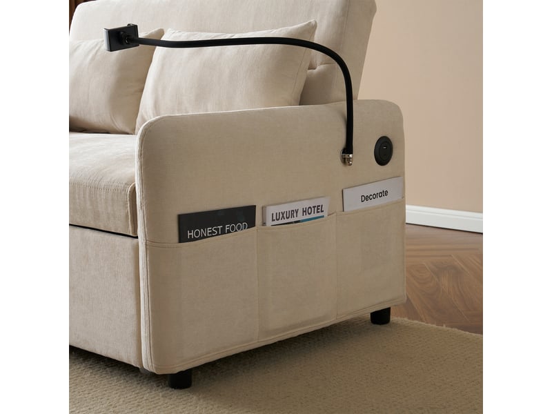  Canapé convertible 129 cm en chenille - 2 places - dossier 3 positions - usb - poches latérales - 2 coussins - beige  - Conforama E
