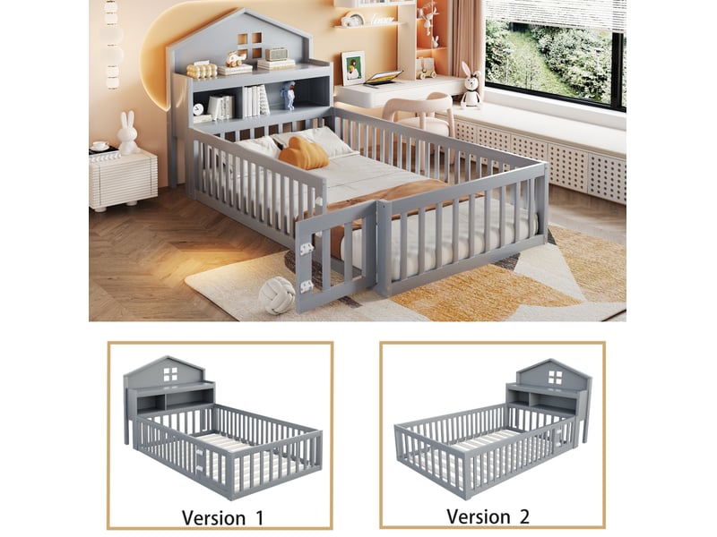  Lit enfant 90 x 200 cm en bois gris avec rangements, barrière, porte et sommier à lattes  - Conforama D