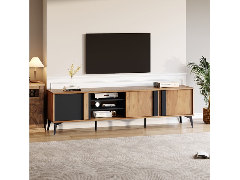  Meuble tv bas 180 x 40 x 50 cm, 3 portes, 4 niches, marron et noir  - Conforama E