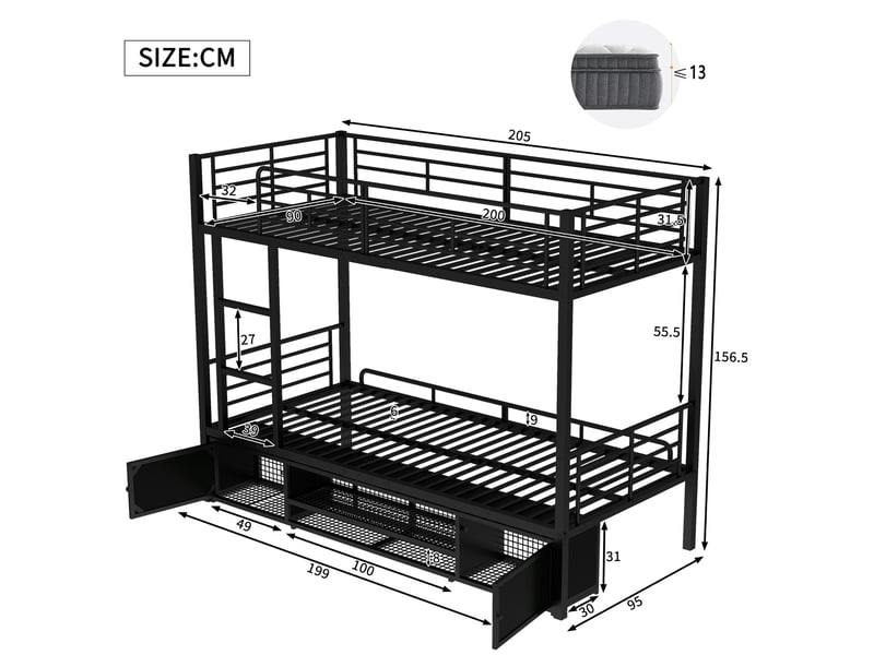  Lit superposé 90x200cm coloris noir lit enfant noir - Conforama C