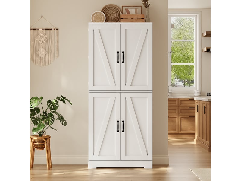 Armoire haute de cuisine 80x40x178 cm avec 4 portes style grange, casier à vin, rangements de porte, étagères réglables, anti-basculement, mdf blanc - Conforama C