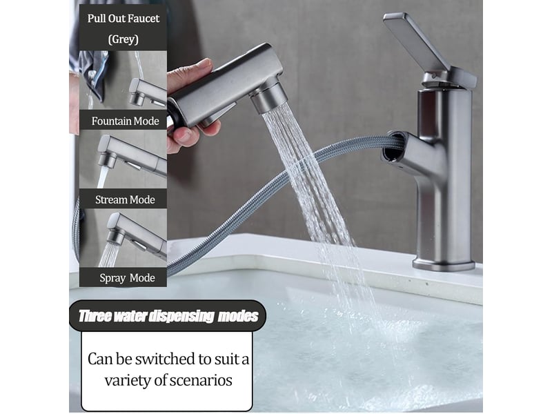  Robinet de salle de bain, trois modes d'eau (jet, jet, fontaine), pulvérisateur extractible (gris) - cc005314zls CC005314ZLS - Conforama C