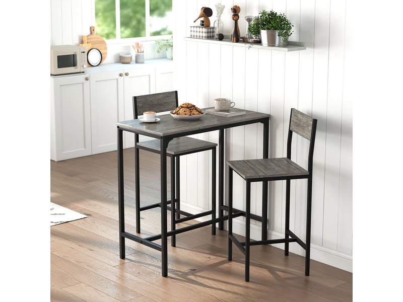  Ensemble table de bar avec tabourets, table à manger debout avec 2 chaises de bar, repose-pieds et dossiers, gris  - Conforama D