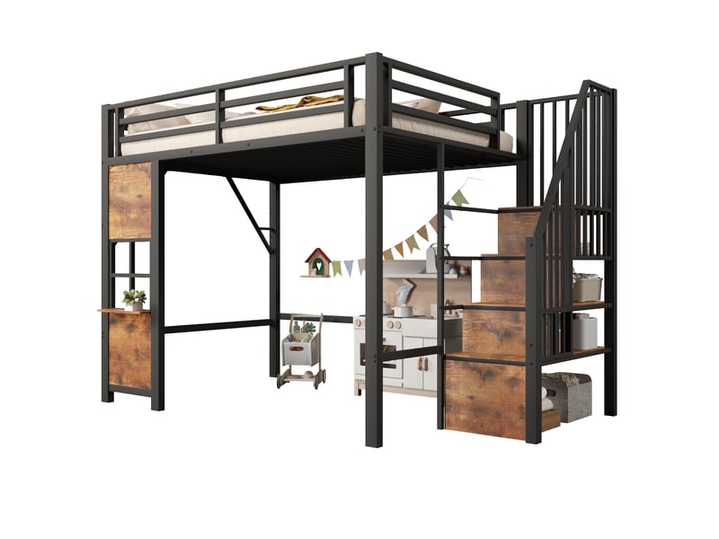  Lit mezzanine 140x200 cm, lit enfant, rangement, échelle sécurisée, barrière antichute, bois et métal noir  - Conforama R