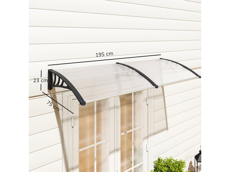 Auvent adossé porte d'entrée, 75x195x23 cm, polycarbonate 5 mm, protection solaire et pluie, extérieur, aluminium transparent.  - Conforama E