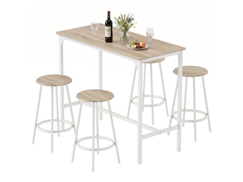  Ensemble table haute 5 pièces pour 4 personnes, style industriel, avec tabourets, pour cuisine et salle à manger, en chêne.  - Conforama B