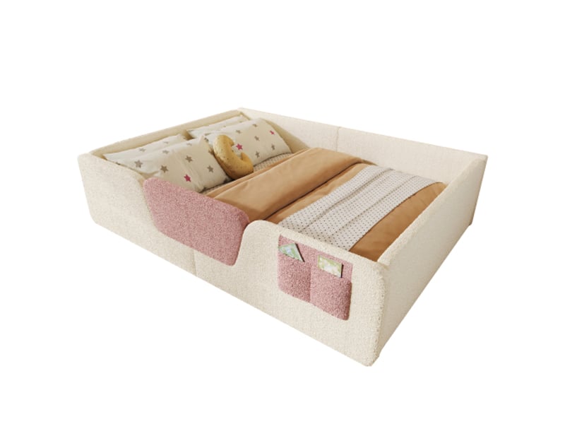  Lit capitonné beige 140x190 sans matelas — garde-corps amovible, poche en tissu intégrée, velours unique  - Conforama A