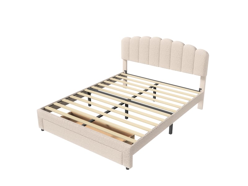  Lit adulte 140x200 cm avec tiroir et ports usb, lit double en tissu bouclette, tête de lit pétale, beige  - Conforama D