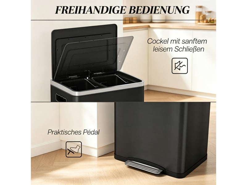 Poubelle tri sélectif - poubelle de cuisine à 2 compartiments, 2 x 20 l, ouverture à pédale, 40 x 34.8 x 59 cm, noir - Conforama E
