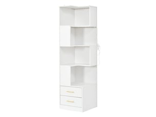 Meuble d’angle 45x45x165 cm avec éclairage led et 2 tiroirs, panneau de particules, blanc