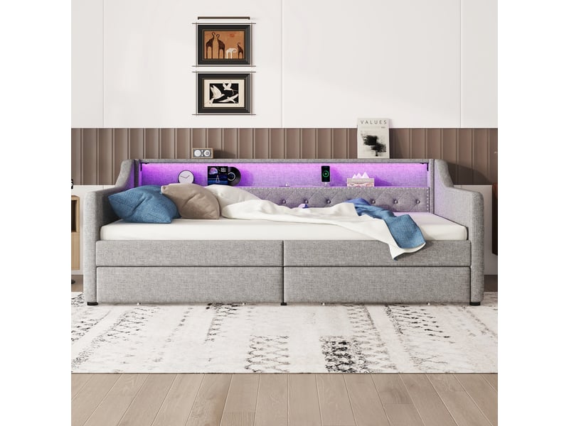  Lit banquette 90x200 gris en lin avec 2 tiroirs et éclairage led  - Conforama B