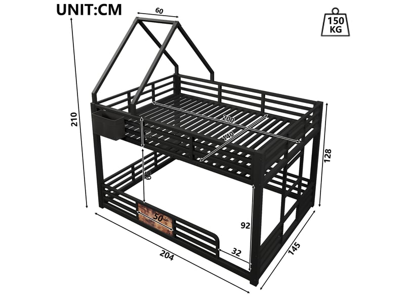 Lit superposé enfant 140x200 cm métal led, design maison, lit cabane mezzanine enfant, cadre toit diy, poches rangement, garde-corps sécurisé - noir - Conforama C