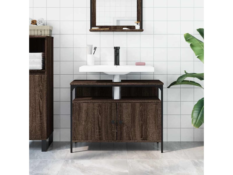  Armoire lavabo salle de bain, meuble de rangement chêne marron 80x30x60 cm shl3093  - Conforama C