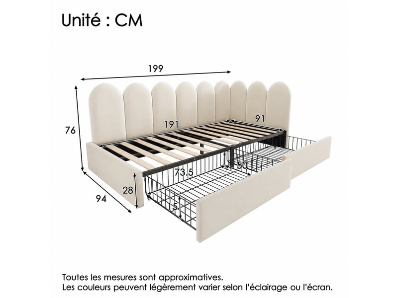  Lit banquette 90×190 cm en velours, lit simple avec 2 tiroirs et côtés interchangeables, sans matelas, beige  - Conforama D