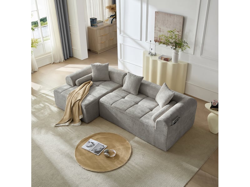  Canapé d'angle modenvie 4 places en chenille gris clair, méridienne gauche, 263 x 132,5 x 68 cm  - Conforama D