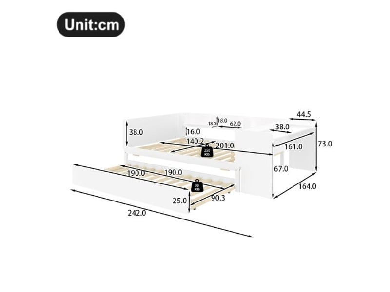  Lit en bois blanc 140x200 cm avec bureau, lit gigogne et rangements – pin + panneau de particules  - Conforama C
