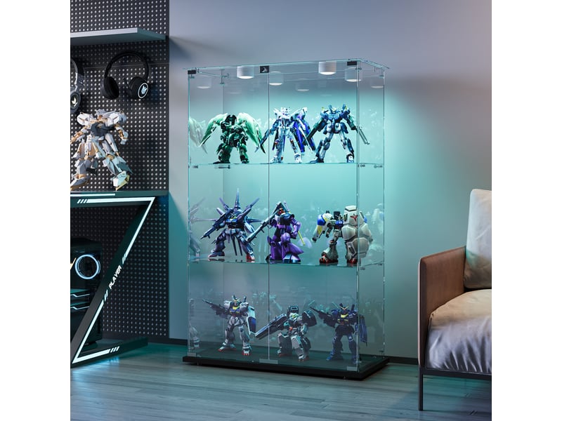  Vitrine en verre 3 niveaux double porte - noir - 78,5 x 35 x 123,5 cm - armoire d'exposition avec éclairage led et base noire  - Conforama C
